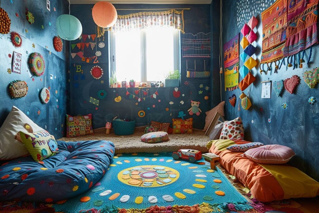 Chambre d'enfant colorée et ludique décorée avec des matériaux recyclés pour un espace éco-conscient